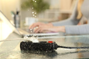 A woman in danger of electric shock because of water falling onto a power cord.